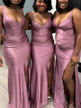 Mauve Satin V-Neck Evening Dress
